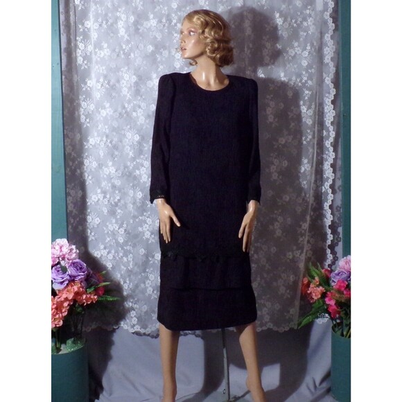 Vintage 80s Black Dress 1980s Drop Waist Flapper Goth Dark Romance Size Medium - Picture 2 of 6